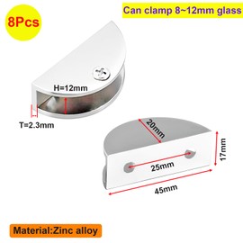 Qrity Pack of 8 Glass Holder Glass Clamp, Adjustable Glass Holder, Zinc Alloy Glass Bracket, Glass Shelf Support for 8-12 mm Thick Glass