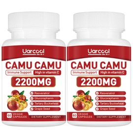 Uarcool Organic Camu Camu Capsules 1200mg, High Natural Vitamin C Level, Immune System Booster & Anti-Aging, Gluten Free, Non-GMO, Vegan - 60 Softgels(2 Bottles)
