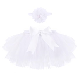 Baby Girls Tutu Skirt with Diaper Cover,Soft Tulle Skirt Infant Shorts with Headband White