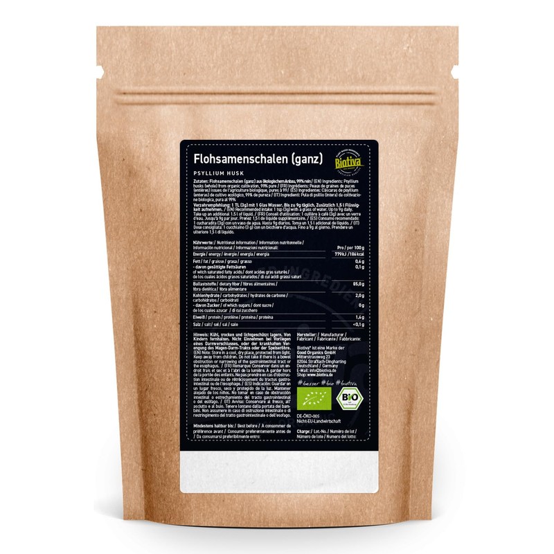 Biotiva Psyllium Husk 99% Organic, 500 g, Food Grade, Psyllium