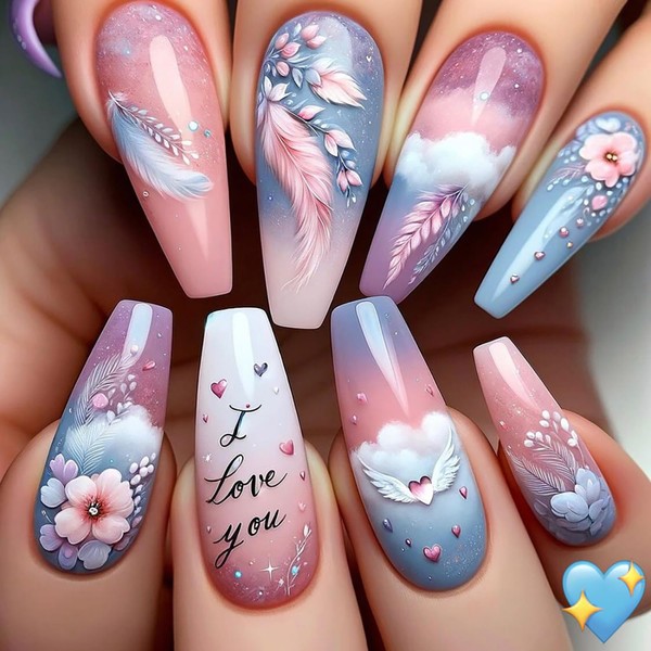 Ballet Shaped Press on Nails Long Length Flower False Nails