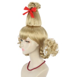 yuehong Long Blonde Braided Wig Christmas Cosplay Costume Wig with Red Bow and Red Necklace for Women