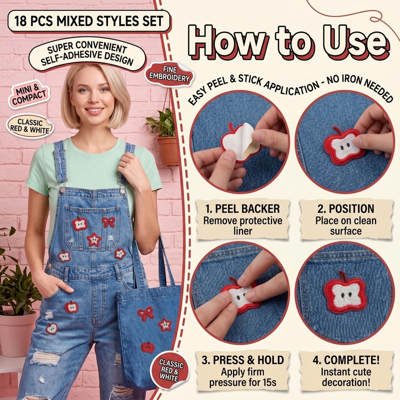 18PCS Cute Apple Self-Adhesive Embroidery Patch for Clothing Sewing Craft