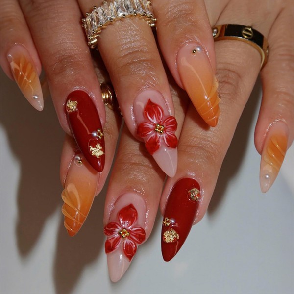 Almond Press on Nails Medium Fake Nails Red Artificial Nail