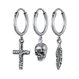 Kuzzoi Men's Creole Earrings Set (13 mm) Oxidised 925 Sterling Silver for Men with Cross, Skull and Feather Pendant, Sterling Silver