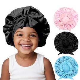 3 Pcs Kids Silk Bonnet for Sleeping - Baby Satin Bonnet for Sleep,Kids Hair Bonnets for Curly Hair Girls Boys with Wide Elastic Band,Sleeping Cap for Teens Toddler Child (Pink+Black+Light Blue)