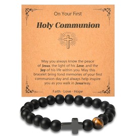Christian Baptism Gifts for Boys Men Cross Bracelet for Son Grandson Birthday Christmas Gift for Brother Nephew First Communion Gifts for Men Boys Black Beaded Bracelet Inspirational Gifts for Friends