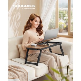 SONGMICS Bed Laptop Desk, Folding Bed Tray for Laptop up to 15.6 Inches, Adjustable Angle and Height, Portable for Working Reading Writing Breakfast, Bamboo Legs, Drawer, Rustic Brown ULLD105B01