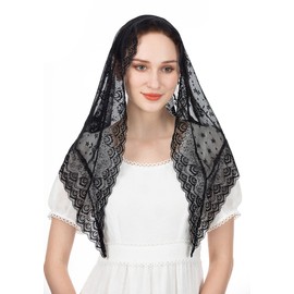 Wgior Catholic Veils for Church Triangle Chapel Veils Lace Latin Mass Head Covering Scarf Floral Mantilla (Black)