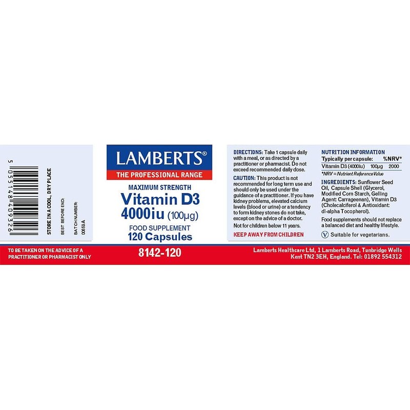 Lamberts Vitamin D3 4000iu (100ug) Maximum Strength 120 Capsules