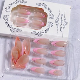Pink French Tip Press on Nails Almond Medium Rhinestone Fake Nails with Designs Medium False Nails Artificial Acrylic Glossy Full Cover Summer Stick Glue on Nails for Women Girls French Manicure 24PCS