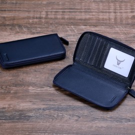 HISCOW Zippered Checkbook Cover & Card Holder with Divider - Italian Calfskin (Pebbled Blue)