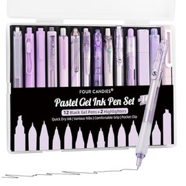 Four Candies Juego de 14 plumas de tinta gel en colores pastel con estuche, 12 plumas de tinta negra con 2 resaltadores para escritura, punta fina... 