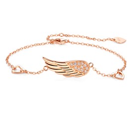 Angel Wings Bracelet 925 Silver Women's Rose Gold Cubic Zirconia Lucky Bracelet Adjustable Delicate Angel Wings Heart Love Lucky Charm Bracelets Gifts for Girls Women Communion Christening Birthday,