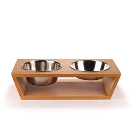 BambooMN Elevated Dog Bowl Feeder - 100% Bamboo Stand, 4 Metal Bowls for Food and Water - Small