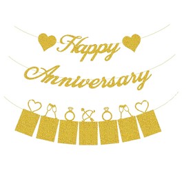 Happy Anniversary Banner, Gold Flash Anniversary Decorations with Photo Frame for Wedding Anniversary Party （3 Pack）