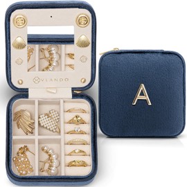 Vlando Travel Gifts 2024, Travel Jewelry Case for Girl Women, A Initial Jewelry Case, Mini Jewelry Travel Organizer Travel Essentials Gifts for Friend Teen Girls - Letter A, Dark Blue