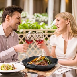 Teenyyou Cast Iron Grill Pan Pre-seasoned 10.5 Inch Square Steak Pan Heavy Duty Cast Iron Griddle with Dual Handles and Wooden Tray for Grilling Bacon, Steak, and Meats, Induction Oven Broiler Safe