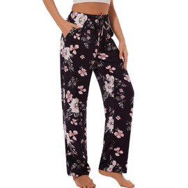iniber Comfy Pajama Pants for Women, Stretch Drawstring Lounge Pants with Pockets, Soft Casual Loose Yoga Pants Wide Leg Pjs Bottoms