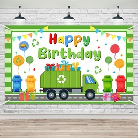 Lofaris Garbage Truck Happy Birthday Banner – Kids' Trash Truck Birthday Decorations, Green Truck Party Supplies, 70.8x43.3 Inches, Fun Backdrop & Party Banner for Boys