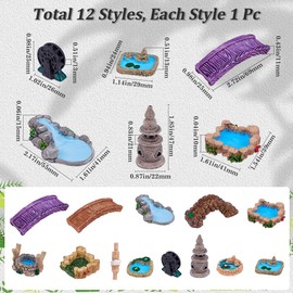 GORGECRAFT 12Pcs 12 Styles Miniature Garden Bridge Resin Mini Lighthouse Waterwheel Well Pool Building Ornaments Fairy Bridges Little Statue Figurines for DIY Crafts Garden Decoration Accessories