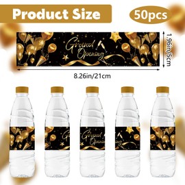 URROMA 50Pcs Grand Opening Water Bottle Labels Waterproof Drinks Wrappers Black Gold Water Bottle Stickers for Opening Ceremony Favors Decor Supplies