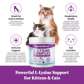 L-Lysine for Cats and Kittens – Cat Supplement for Immune, Respiratory & Eye Support – Lysine Powder with Prebiotics, Bone Broth, Krill, & DMG for Sneezing, Vision, Immunity – 120 Scoops