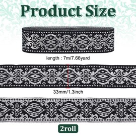 PH PandaHall 15.3 Yards Jacquard Ribbon 1.3 Inch Black Ethnic Jacquard Trim Emobridered Woven Ribbon Boho Fabric Floral Trim Fringe for Sewing Clothes Bag Curtain Decoration Gift Wrapping
