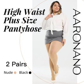 Aaronano 2 Pairs Plus Size Pantyhose for Women, 40D Semi Sheer T-Crotch Tights High Waist Stockings with Reinforced Toe(Nude,3XL-4XL)