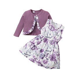 puseky Toddler Baby Girl Dresses and Cardigan Set Baby Girl Floral Print Sleeveless Dresses and Coat 2-Piece Outfits Set, purple