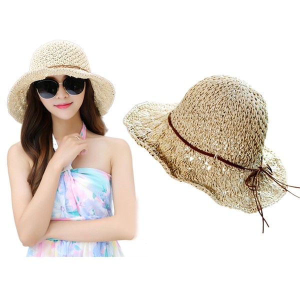 syxwRS Women's Wide Brim Straw Beach Sun Hats,Foldable Packable Floppy