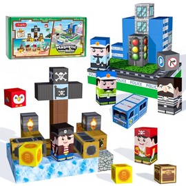 100 PCS Magnetic Building Blocks for Kids with Storage Box, Portable Travel Toy Set, Police Station & Pirate Ship STEM Construction Set, Quiet Play for Airplane & Car Trips