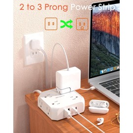 2 Prong Power Strip, WRXDMC 2 Prong to 3 Prong Outlet Adapter, 1400J Two Prong Surge Protector, 15ft Long Extension Cord, 8 AC Outlets with 2 USB C and 2 USB A Port, Wall Mountable,Ideal for Old House
