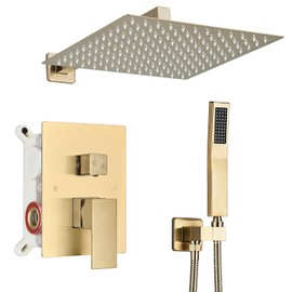 Shower Faucet Rain Shower System with 12 Inches Rainfall Shower Head and Handheld Spray Combo Bathroom Shower Faucet Set Complete Brushed Gold Shower Valve and Trim Kit Wall Mounted