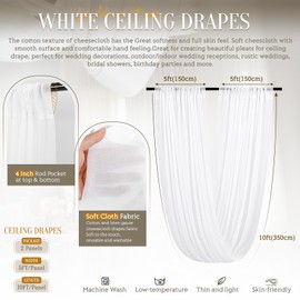 2 Panels White Ceiling Drapes for Wedding Ceiling Drapes 5ftx10ft Ceiling Draping Fabric Gauze Curtains Cheesecloth Drapery Draping Wedding Ceiling Decorations for Party Ceremony Stage Swag