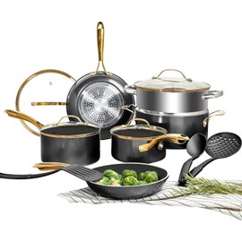 Gotham Steel 15 Pc Ceramic Pots and Pans Set Non Stick, Kitchen Cookware Sets, Pot and Pan Set, Ceramic Cookware Set, Non Toxic Cookware Set, Non Stick Pots and Pan Set, Dishwasher Safe - Black Gold