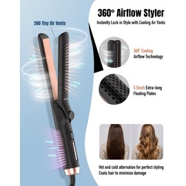 360° Airflow Styler Curling Iron, 2 in 1 Hair Straightener and Curler with Vented Cool Air to Lock in Style, 1.25 Inch Extra Long Flat Iron Curling Iron in One, Dual Voltage for Travel, LCD Display