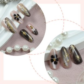 Almond Press on Nails Medium Length Fake Nail 3D Golden Leaves Designs Flower False Nails Full Cover Glitter French Tip Stick on Nails Glossy Acrylic Nails for Women DIY Manicuare 24 Pcs
