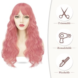 BARSDAR 26 Inch Pink Long Wavy Wig with Fringe Cosplay Wigs for Women and Girls Natural Colour Curly Wavy Wigs