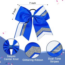 8PCS Cheer Bows Bulk Glitter Cheerleading Bows Girls Hair Bows Blue Silver Cheer Bows Elastic Band Ponytail Holder for Cheerleaders Teen Girls College Sports Competition