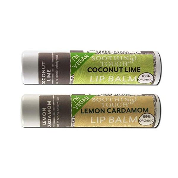 Soothing Touch Vegan Lip Balm - Variety Pack of 2 - Coconut Lime and Lemon Cardamom