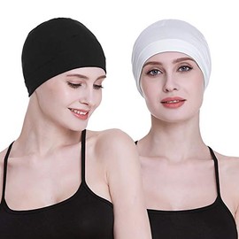 FocusCare Bamboo Sleep Cap for Hair Loss Home Head Cover for Chemo Women, Black Plus White, One Size