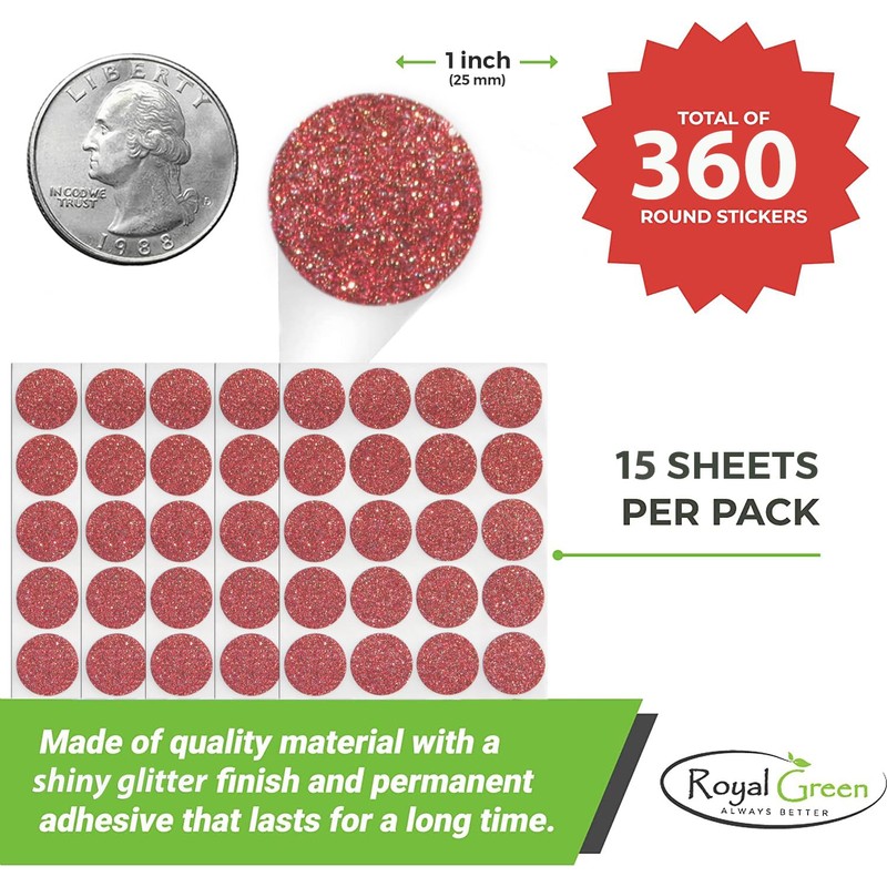 Glitter Red Labels 25mm Round Stickers - Size 1" Glue
