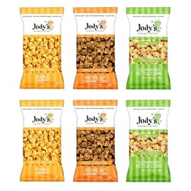 Jody’s Gourmet Popcorn 6-Pack Variety – R53 Caramel Corn x2 (7 oz), Kettle Corn x2 (2 oz), Double Cheddar x2 (2.2 oz) – Sweet & Savory Snack Mix – Small-Batch Popcorn Perfection