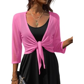 PrinStory Women's Tie Front Shrug 3/4 Sleeve Bolero Cardigan Lightweight Summer Casual Short Scarf Top, pink, M