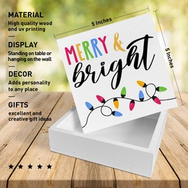 Christmas Table Wooden Box Sign, Holiday Table Decor - Colorful Xmas Tabletop Decorations for Home, Kitchen, Bedroom, Shelf, Office Desk