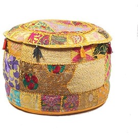 Vintage Embroidered Pouf Ottoman Footstool Cover Indian Round Ottoman Stool Pouf Pillow, Ethnic Embroidered Pouf Cover, Pouffe Ottoman Pouf Cover Pillow Ethnic Decor Art, (Yellow, 13X18X18 INCH.)