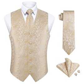 Enlision Mens Vests Dress Paisley Suit Vest for Men Formal Silk Necktie Pocket Square Cufflinks Set Wedding Party Tuxedo Dress Waistcoat Champagne Gold