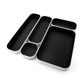 Three by Three Seattle 5 Piece Metal Organizer Tray Set for Storing Makeup, Stationery, Utensils, and More in Office Desk, Kitchen and Bathroom Drawers (1 Inch, Black)