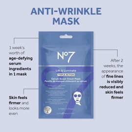 No7 Lift & Luminate Triple Action Serum Boost Sheet Mask - Radiant Skin Firming Anti Aging Face Mask with Hyaluronic Acid & Hibiscus - Vitamin C Brightening & Hydrating Sheet Mask